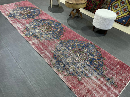 DISTRESSED Oushak Runner Rug, Turkish Runner 2.9 x 12.2 Rug, Vintage Runner Rug, Hallway Runner Rug, Kitchen Runner Rug, Wool Runner Rug