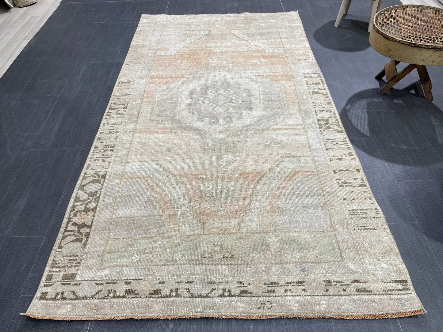 Muted Vintage Rug, Muted Turkish 4.2 x 7.9 Rug, Oushak Rug, Rustic Rug, Muted Rug, Vintage Turkish Rug, Farmhouse Rug, Vintage Rug, Wool rug