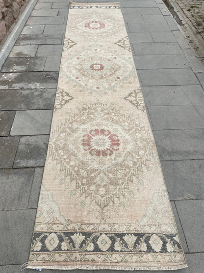 Muted Vintage Runner Rug, Turkish Runner 2.8 x 12.5 Rug, Handmade Runner Hallway Runner Soft Pink Kitchen Runner Rug Wool Runner Oushak Rug