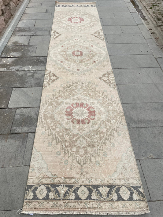 Muted Vintage Runner Rug, Turkish Runner 2.8 x 12.5 Rug, Handmade Runner Hallway Runner Soft Pink Kitchen Runner Rug Wool Runner Oushak Rug