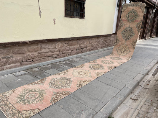 Handmade Extra Long Turkish 2.8 x 21.8 Runner, Very Long Oushak Runner Rug, Vintage Runner Rug, Pink XL Stairs Runner Rug Staircase Runner