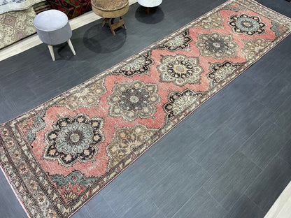 Hand Knotted Runner Rug, Vintage 3.4 x 12.7 Runner Rug, Oushak Runner Rug, Turkish Runner Rug Kitchen Runner Rug Wool Runner