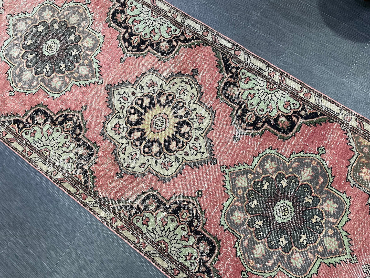 Hand Knotted Runner Rug, Vintage 3.4 x 12.7 Runner Rug, Oushak Runner Rug, Turkish Runner Rug Kitchen Runner Rug Wool Runner