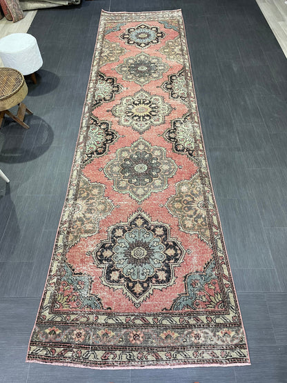 Hand Knotted Runner Rug, Vintage 3.4 x 12.7 Runner Rug, Oushak Runner Rug, Turkish Runner Rug Kitchen Runner Rug Wool Runner