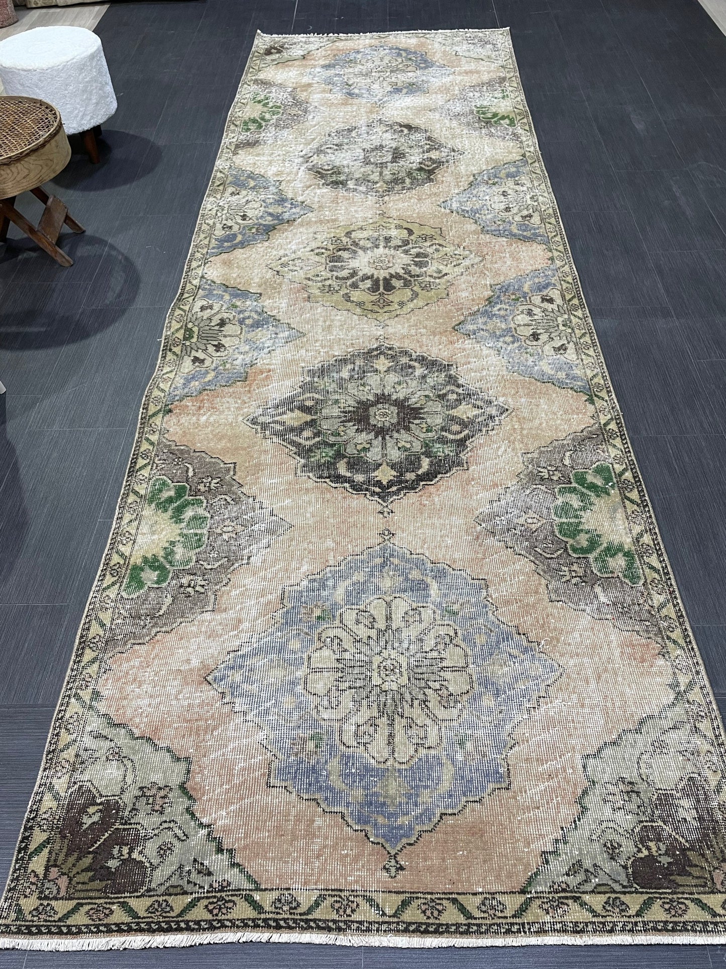 Muted Oushak Runner 3.8 x 11.7 Rug, Vintage Runner Rug, Hallway Runner Rug, Antique Runner Rug Wool Runner Rug Distressed Runner Rug