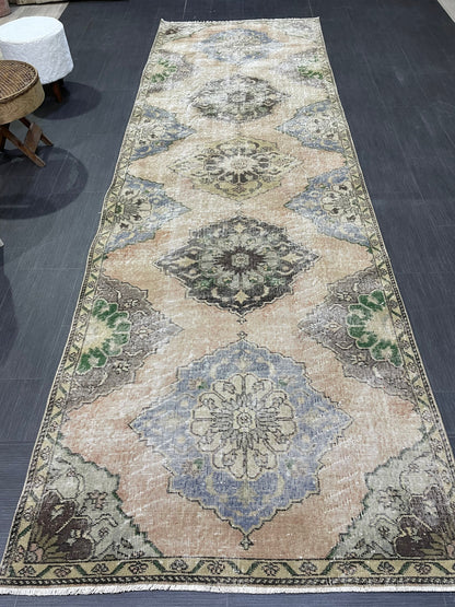 Muted Oushak Runner 3.8 x 11.7 Rug, Vintage Runner Rug, Hallway Runner Rug, Antique Runner Rug Wool Runner Rug Distressed Runner Rug