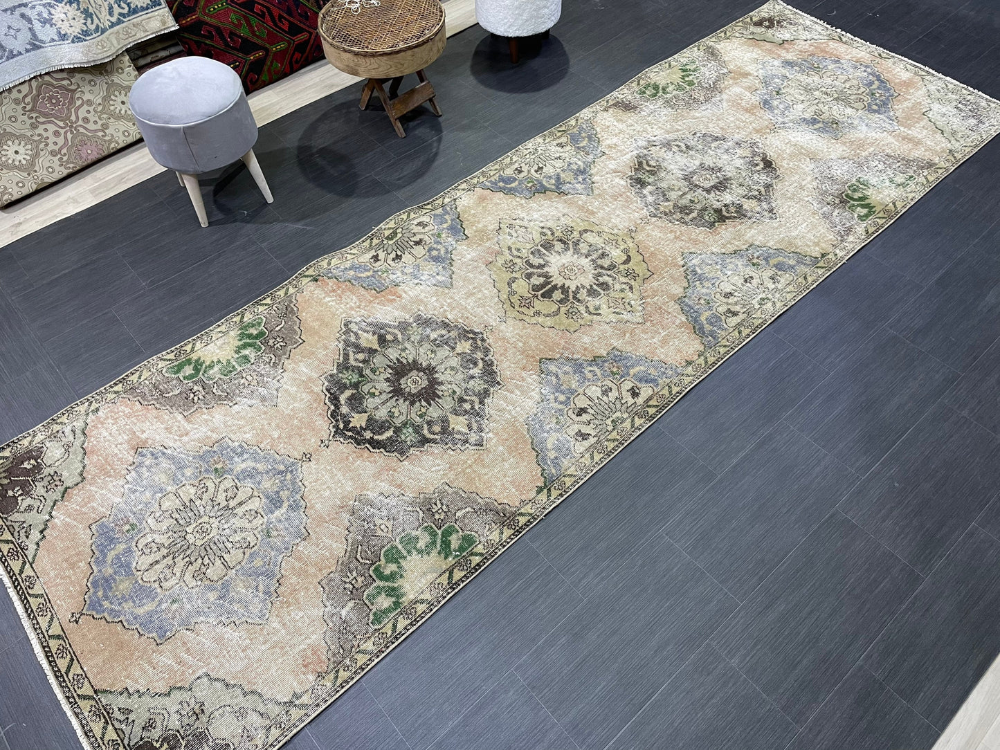 Muted Oushak Runner 3.8 x 11.7 Rug, Vintage Runner Rug, Hallway Runner Rug, Antique Runner Rug Wool Runner Rug Distressed Runner Rug