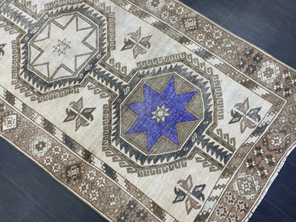 Muted Hand Knotted Runner 4.4 x 12 Rug, Vintage Runner Rug, Hallway Runner Rug, Antique Runner Rug Wool Runner Rug Handmade Runner Rug