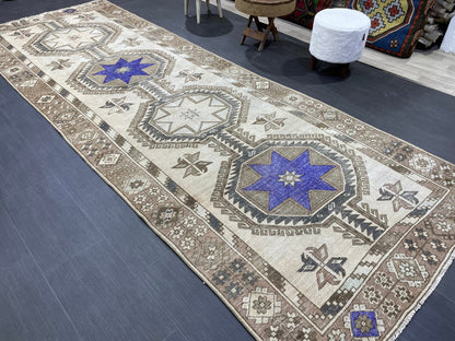 Muted Hand Knotted Runner 4.4 x 12 Rug, Vintage Runner Rug, Hallway Runner Rug, Antique Runner Rug Wool Runner Rug Handmade Runner Rug