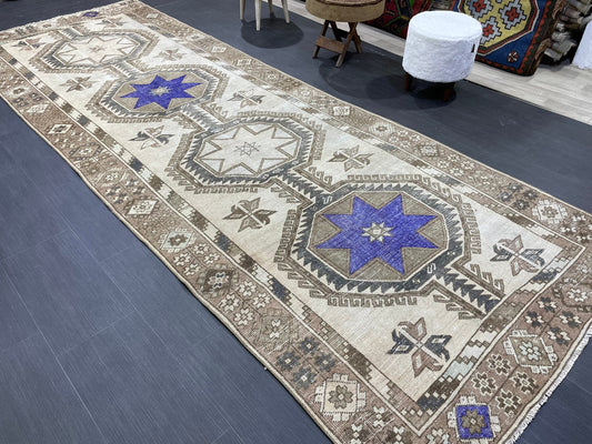 Muted Hand Knotted Runner 4.4 x 12 Rug, Vintage Runner Rug, Hallway Runner Rug, Antique Runner Rug Wool Runner Rug Handmade Runner Rug