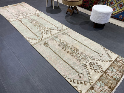 Muted Vintage Runner Rug, 2.8 x 10.2 Muted Oushak Runner Rug, Turkish Runner Rug, Short Muted Runner Rug ,Hallway Runner Soft Wool Runner