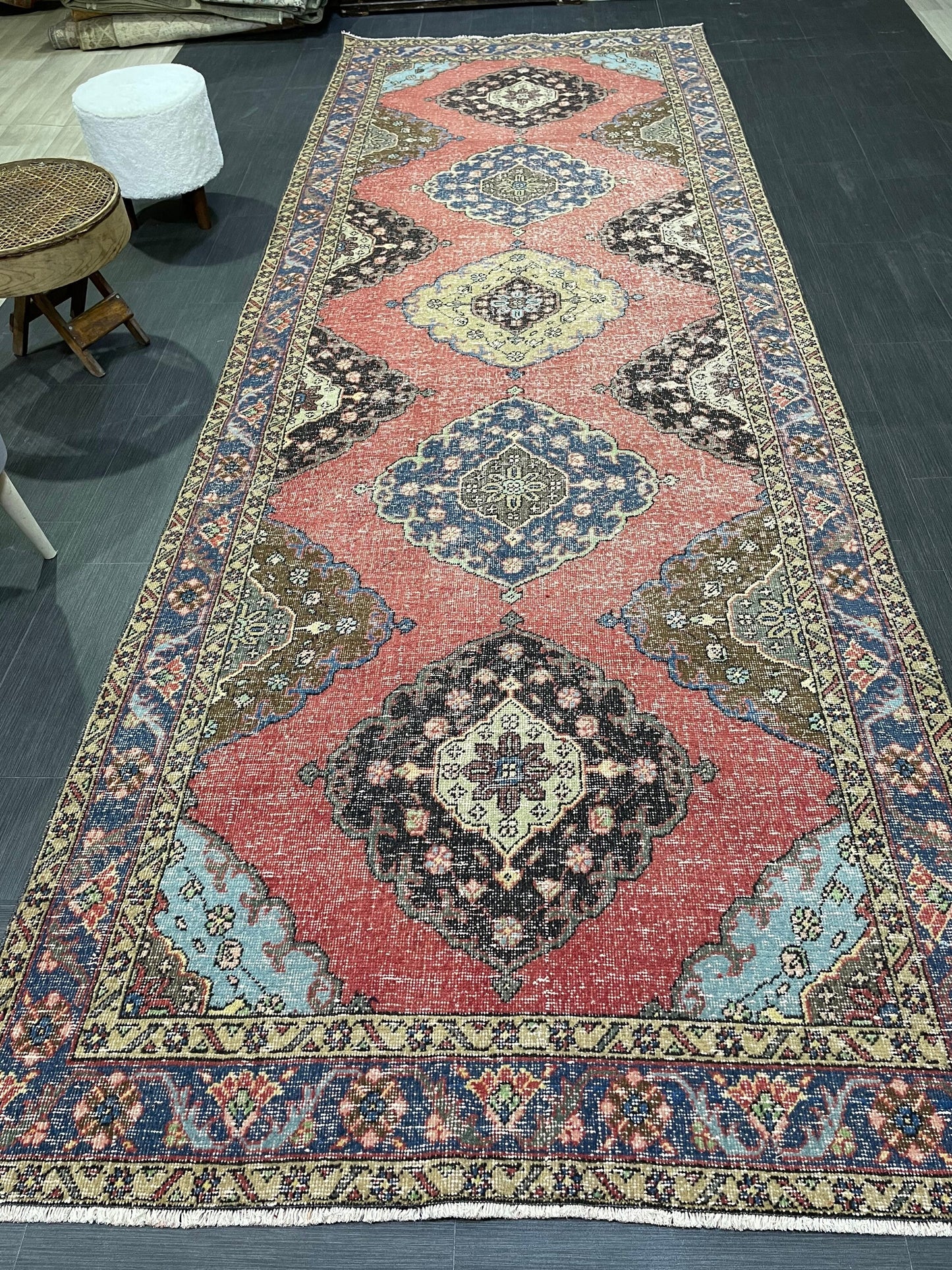 Turkish Runner Rug, Persian Distressed Runner 4.8 x 13.2 Rug, Vintage Runner Rug, Hallway Runner Rug,  Kitchen Runner Rug, Wool Runner Rug