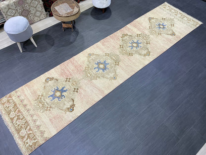 Muted Runner Rug, Turkish Runner 2.10 x 11.5 Rug, Vintage Runner Rug, Hallway Runner Rug, Hand Knotted Runner Rug, Wool Handmade Runner