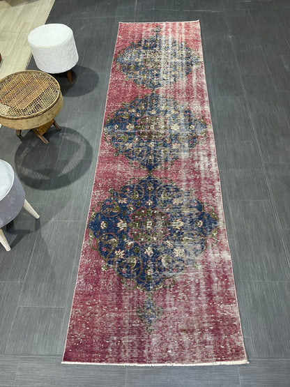 DISTRESSED Oushak Runner Rug, Turkish Runner 2.9 x 12.2 Rug, Vintage Runner Rug, Hallway Runner Rug, Kitchen Runner Rug, Wool Runner Rug