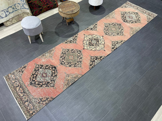 Vintage Turkish Runner Rug, Oushak Runner Rug, Handmade 2.9 x 11.6 Runner Rug, Hand Knotted Runner Rug, Hallway Runner, Kitchen Runner