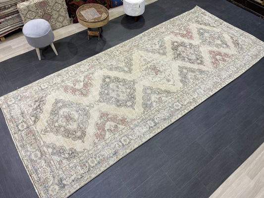 Vintage Runner 4.9 x 12.7 Rug, Turkish Runner Rug, Faded Distressed Runner Rug,Hallway Runner Rug Neutral Kitchen Runner Rug