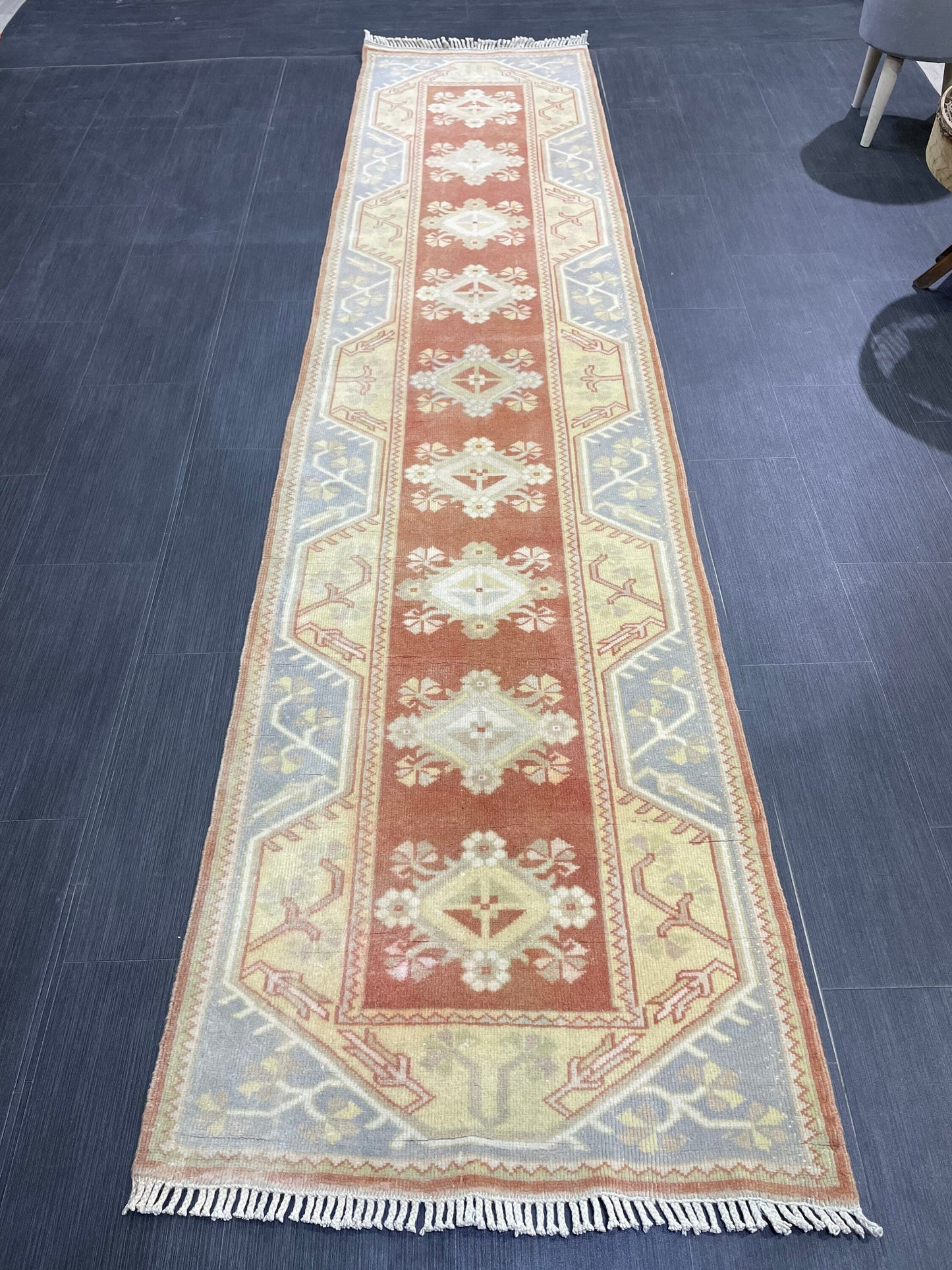 Vintage Hand Knotted Rug, Natural Wool Runner 2.7 x 10.5 Rug, Handmade Runner Rug, Turkish Runner Rug, Muted Runner Rug, Wool Kitchen Runner