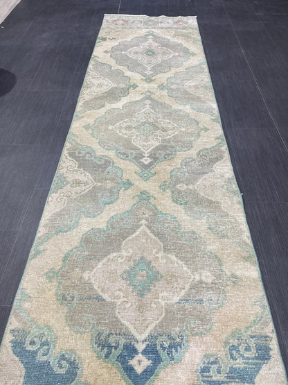 Muted  Handmade Runner Rug, Turkish Runner 2.7 x 13 Rug, Vintage Runner Rug Hallway Runner Rug, Hand Knotted Runner Rug, Persian Runner