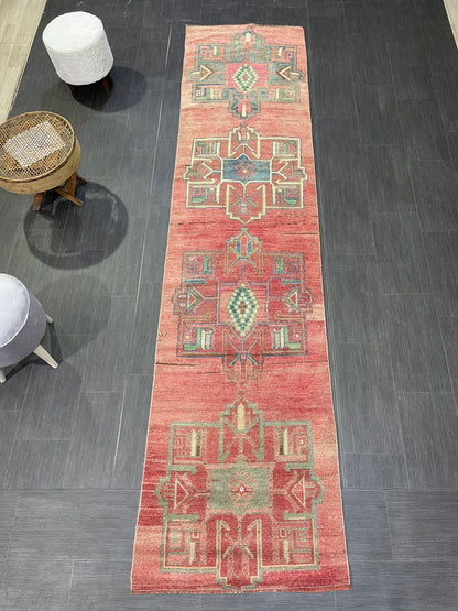 Handmade Runner Rug, 2.8 x 11.2 Turkish Runner Rug, Vintage Runner Rug, Hallway Runner Rug,Hand Knotted Runner Rug Wool Oushak Runner
