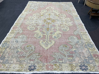 Vintage Rug, Persian Rug, Muted Handmade 4.7 x 7.4 Rug, Natural Wool Oushak Rug Hand Knotted, Vintage Turkish Rug