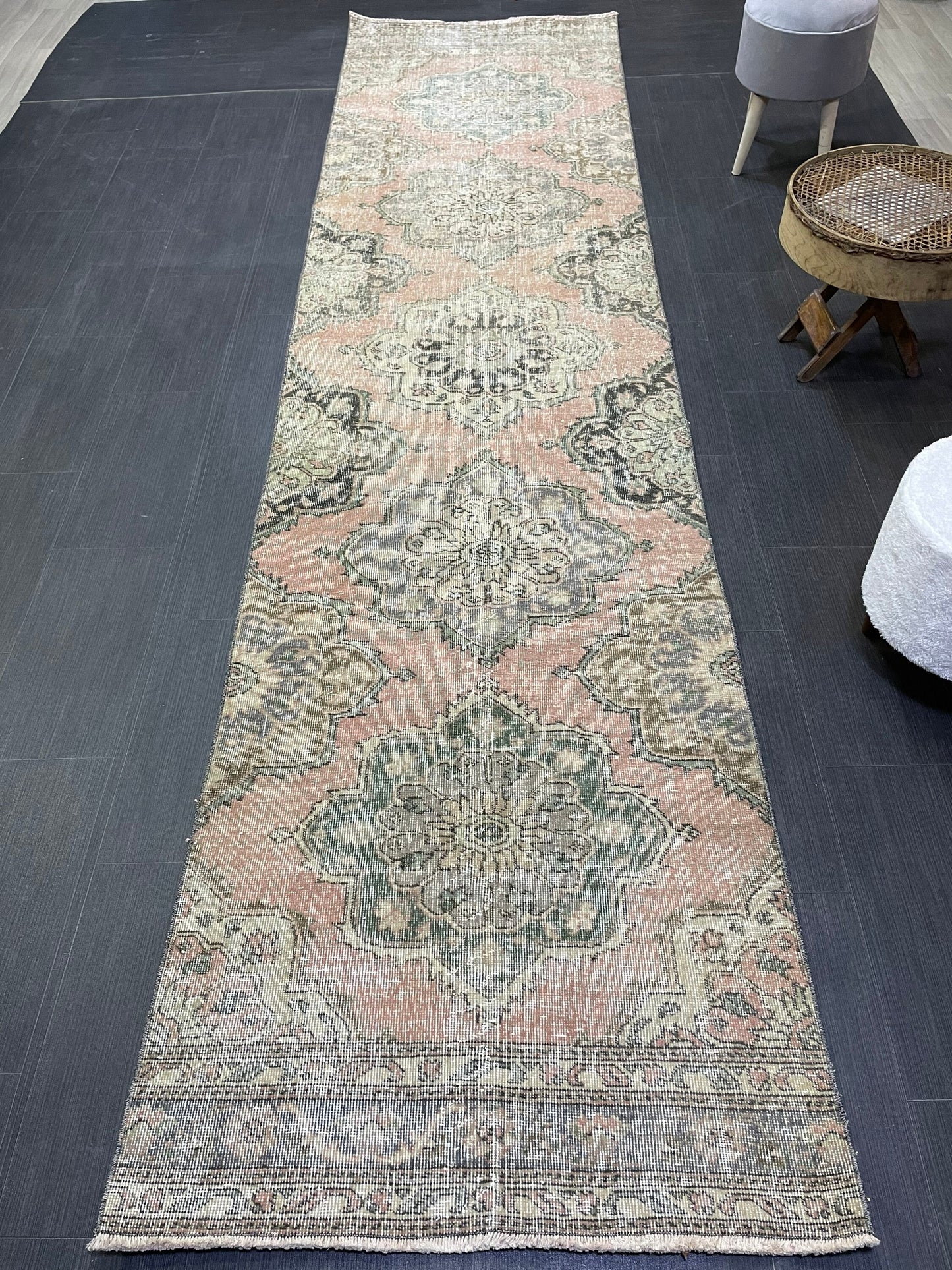 Hand Knotted Runner Rug, Antique  Runner Rug, TURKISH Runner 3 x 12.7, Vintage Runner Rug, Distressed Runner Rug Kitchen Runner