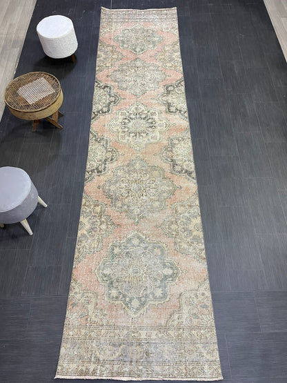 Hand Knotted Runner Rug, Antique  Runner Rug, TURKISH Runner 3 x 12.7, Vintage Runner Rug, Distressed Runner Rug Kitchen Runner