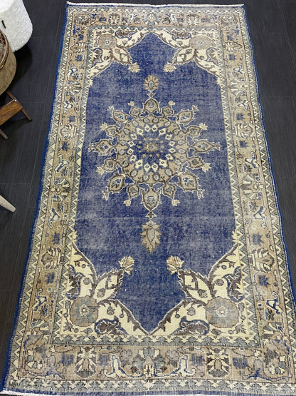 Turkish Rug, Blue Oushak Rug, Hand Knotted 5x7 Rug, Wool Distressed Rug, Persian Rugs, Antique Rug, Vintage Rug, Handmade Rug