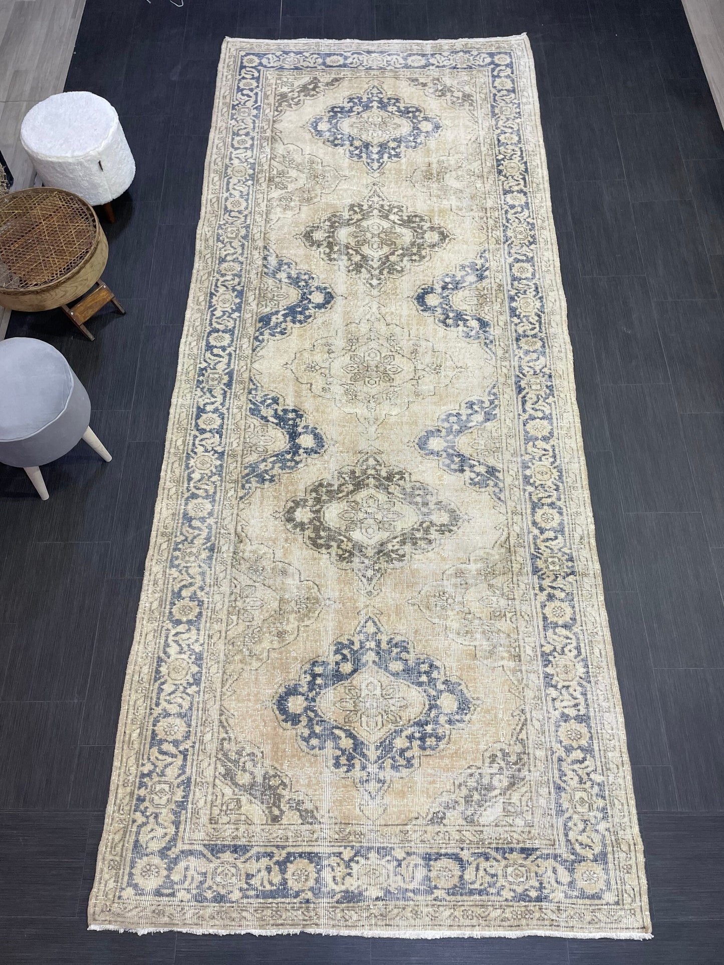 Muted Oushak Runner Rug, Muted Vintage 4.8 x 11.7 Runner Rug, Hallway Runner Rug, Kitchen Runner Rug Wool Runner Rug, Handmade Runner Rug