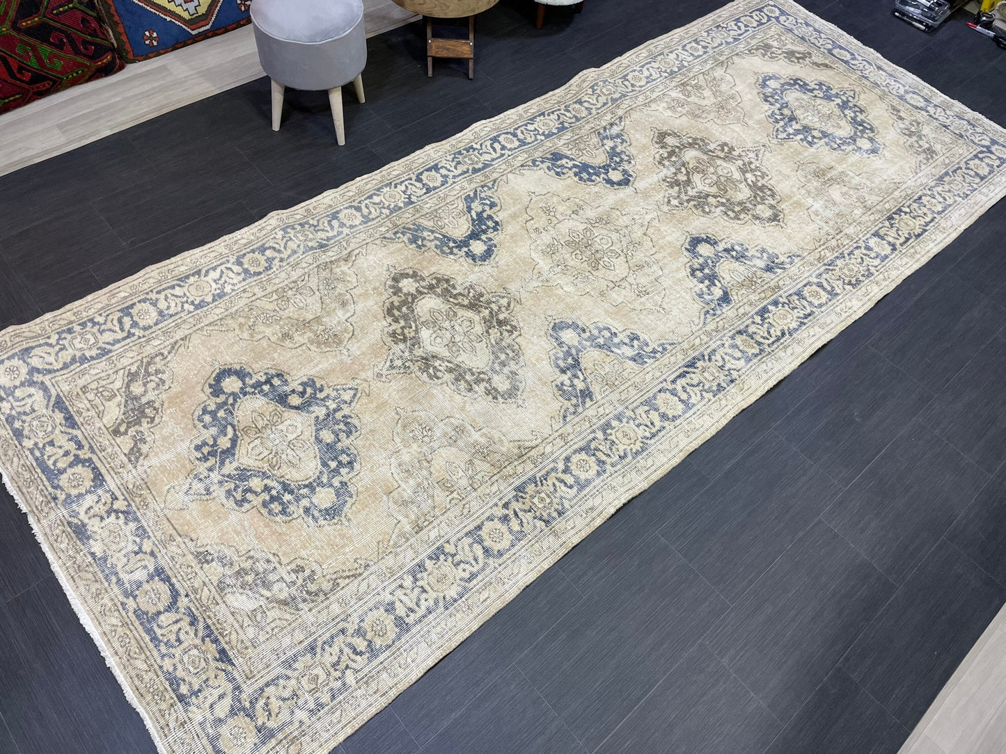 Muted Oushak Runner Rug, Muted Vintage 4.8 x 11.7 Runner Rug, Hallway Runner Rug, Kitchen Runner Rug Wool Runner Rug, Handmade Runner Rug