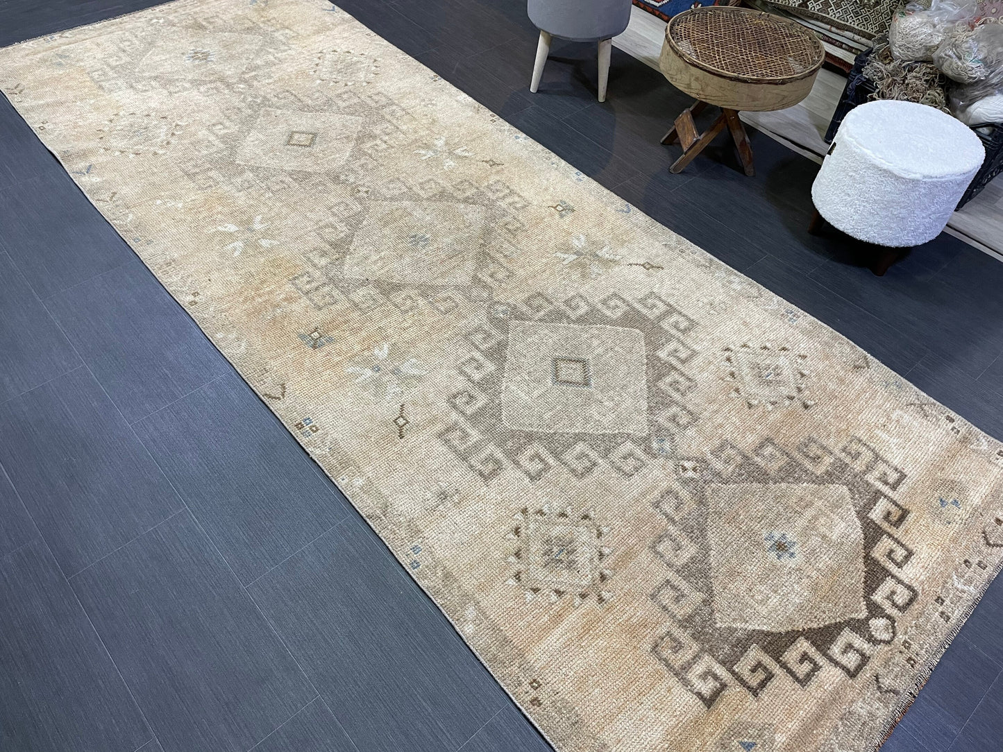 Muted Oushak Runner Rug, Muted Vintage 4.2 x 10.9 Runner Rug, Hallway Runner Rug, Kitchen Runner Rug Wool Runner Rug, Handmade Runner Rug