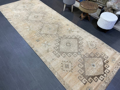 Muted Oushak Runner Rug, Muted Vintage 4.2 x 10.9 Runner Rug, Hallway Runner Rug, Kitchen Runner Rug Wool Runner Rug, Handmade Runner Rug