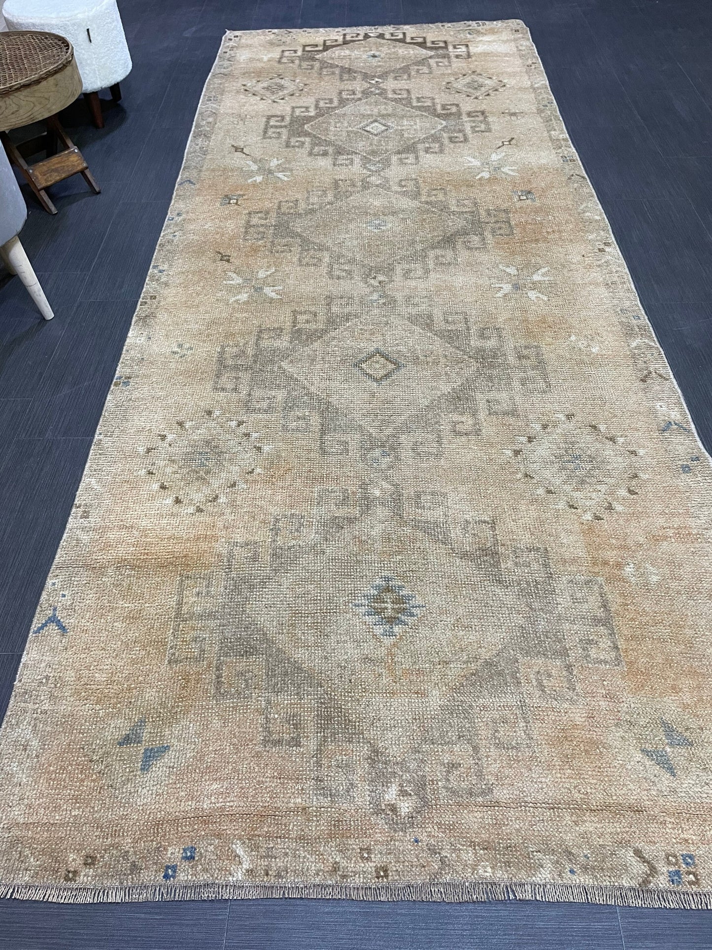 Muted Oushak Runner Rug, Muted Vintage 4.2 x 10.9 Runner Rug, Hallway Runner Rug, Kitchen Runner Rug Wool Runner Rug, Handmade Runner Rug