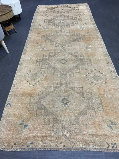 Muted Oushak Runner Rug, Muted Vintage 4.2 x 10.9 Runner Rug, Hallway Runner Rug, Kitchen Runner Rug Wool Runner Rug, Handmade Runner Rug