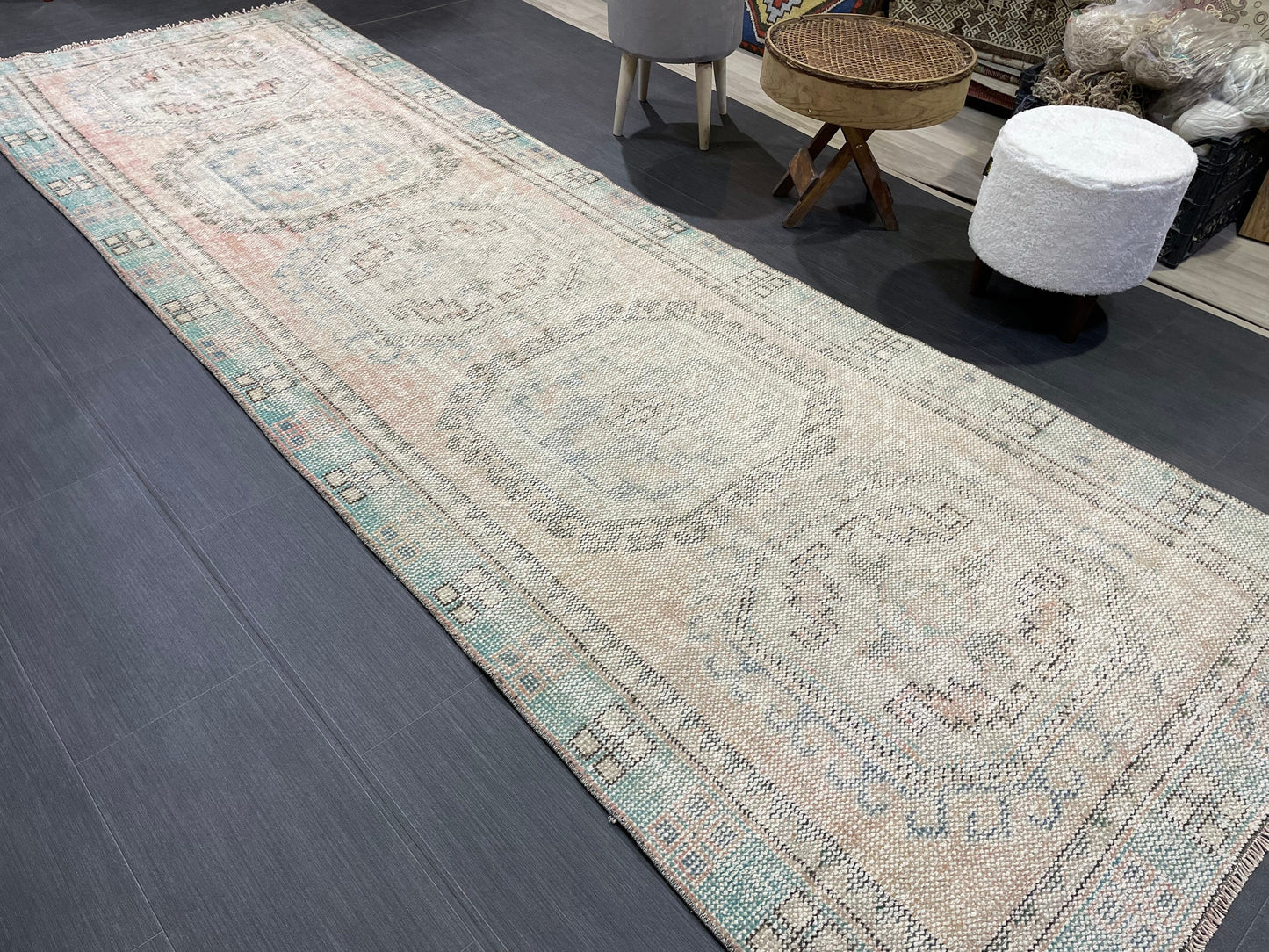 Antique Oushak Runner Rug, Muted Vintage 3.10 x 11.3 Runner Rug, Hallway Runner Rug, Distressed Runner Rug, Wool Runner Rug, Handmade Runner