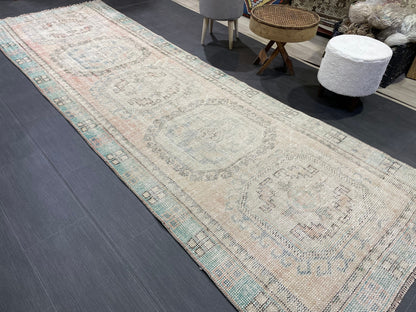 Antique Oushak Runner Rug, Muted Vintage 3.10 x 11.3 Runner Rug, Hallway Runner Rug, Distressed Runner Rug, Wool Runner Rug, Handmade Runner