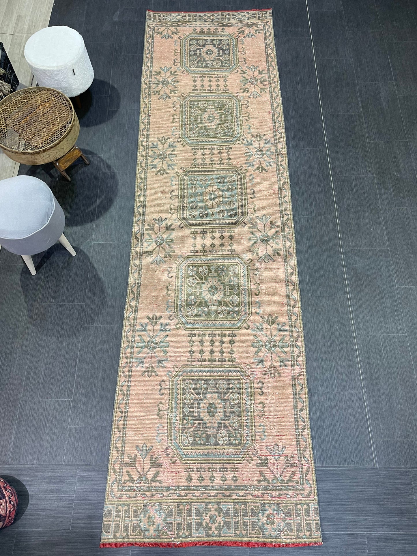 Antique Oushak Runner Rug, Vintage 3 x 11.3 Runner Rug, Hallway Runner Rug, Distressed Runner Rug, Wool Runner Rug, Handmade Runner