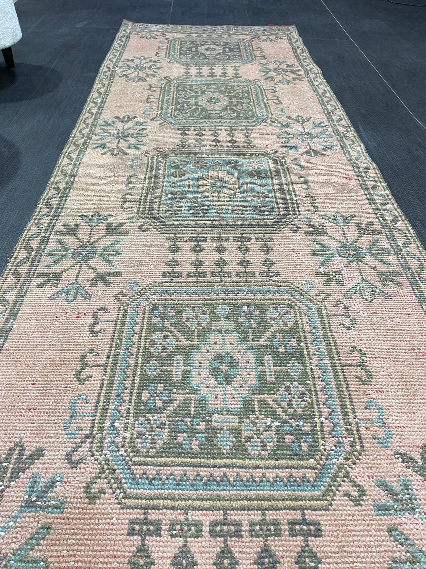 Antique Oushak Runner Rug, Vintage 3 x 11.3 Runner Rug, Hallway Runner Rug, Distressed Runner Rug, Wool Runner Rug, Handmade Runner