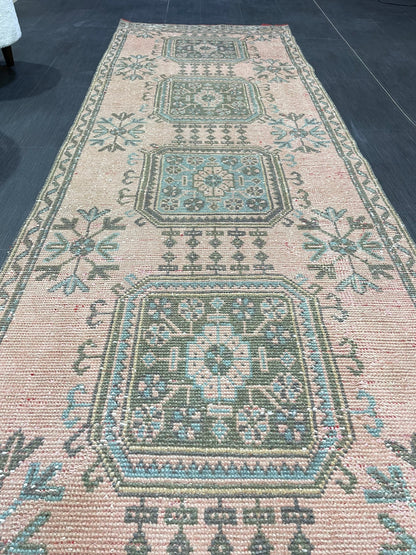 Antique Oushak Runner Rug, Vintage 3 x 11.3 Runner Rug, Hallway Runner Rug, Distressed Runner Rug, Wool Runner Rug, Handmade Runner