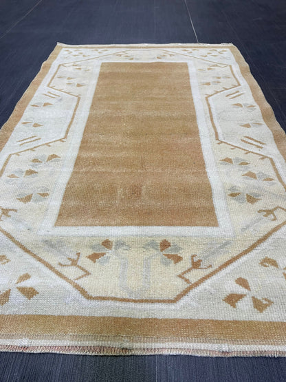 Turkish Rug, Vintage Oushak 2.8 x 4.3  Rug, Brown Vintage Rug Wool Muted Oushak Rug Hand Made Rugs Vintage Turkish Rug
