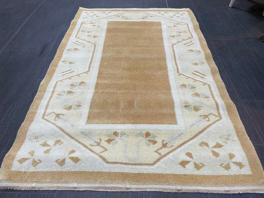 Turkish Rug, Vintage Oushak 2.8 x 4.3  Rug, Brown Vintage Rug Wool Muted Oushak Rug Hand Made Rugs Vintage Turkish Rug