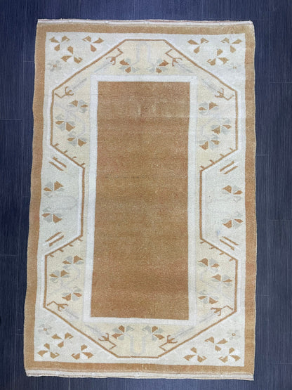 Turkish Rug, Vintage Oushak 2.8 x 4.3  Rug, Brown Vintage Rug Wool Muted Oushak Rug Hand Made Rugs Vintage Turkish Rug