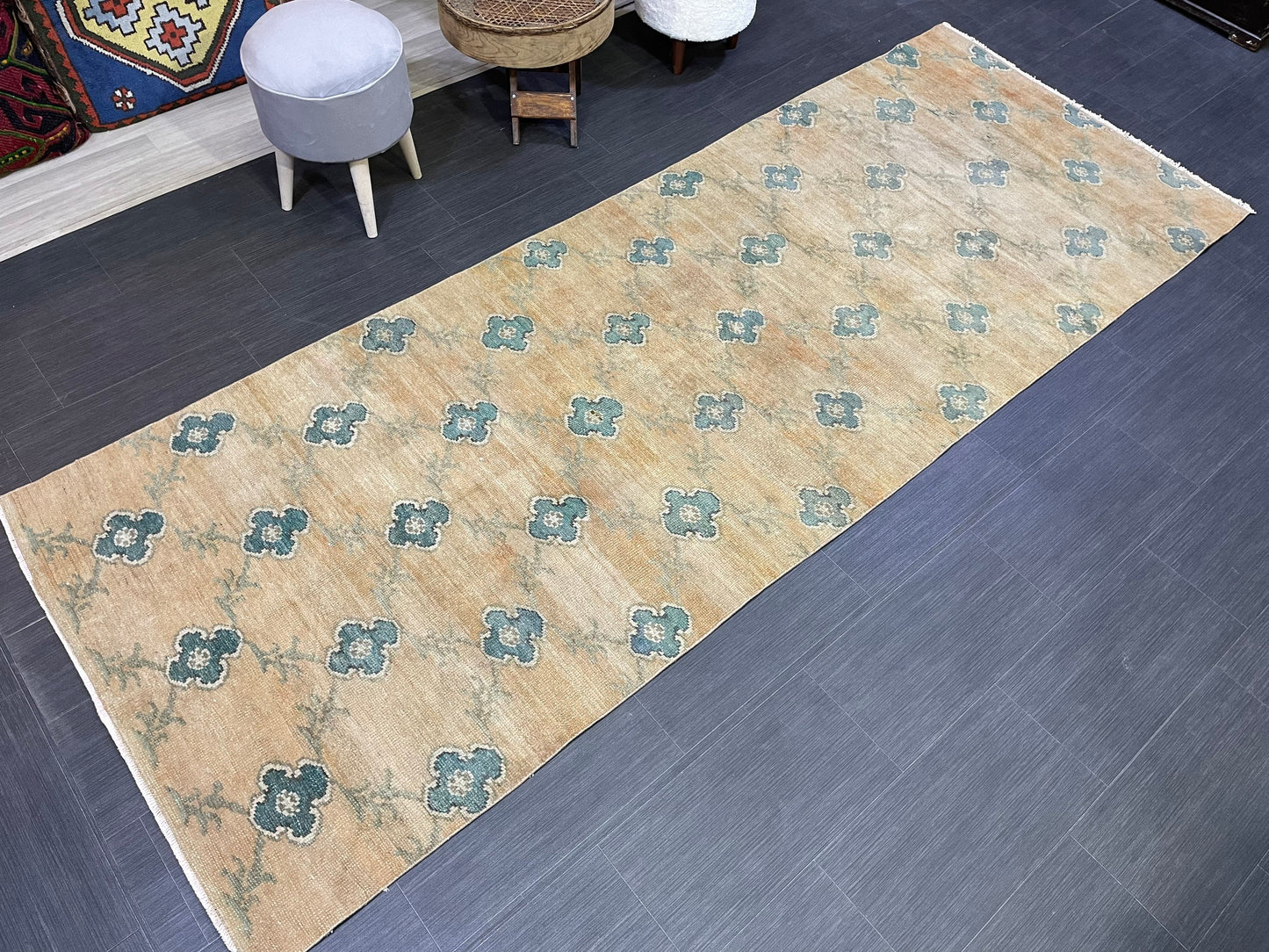 Turkish Rug, Vintage 3.8 x 9.9 Rug,Handmade Oushak Rug, Farmhouse Rug, Wool Rug, Wool Pile Rug Rustic Rug Bohemian Rug Vintage Turkish Rug