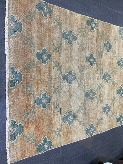 Turkish Rug, Vintage 3.8 x 9.9 Rug,Handmade Oushak Rug, Farmhouse Rug, Wool Rug, Wool Pile Rug Rustic Rug Bohemian Rug Vintage Turkish Rug