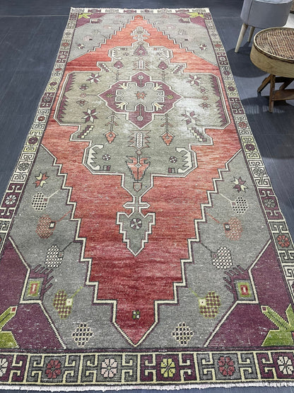 Natural Wool Rug, TURKISH 4.5 x 10.9 Rug, Vintage Turkish Rugs, Anatolian Oushak Rug, Handmade Rug, Vintage Rug, Hand Knotted rug