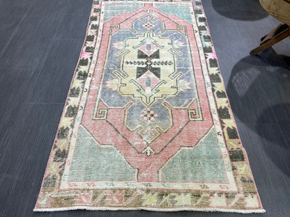 Turkish Rug, Hand Knotted Rug, 2.7 x 5 Living Room Rug, Bathroom Rug, Vanity Rug, Vintage Oushak Rug, Wool Vintage Rugs, Distressed Rug