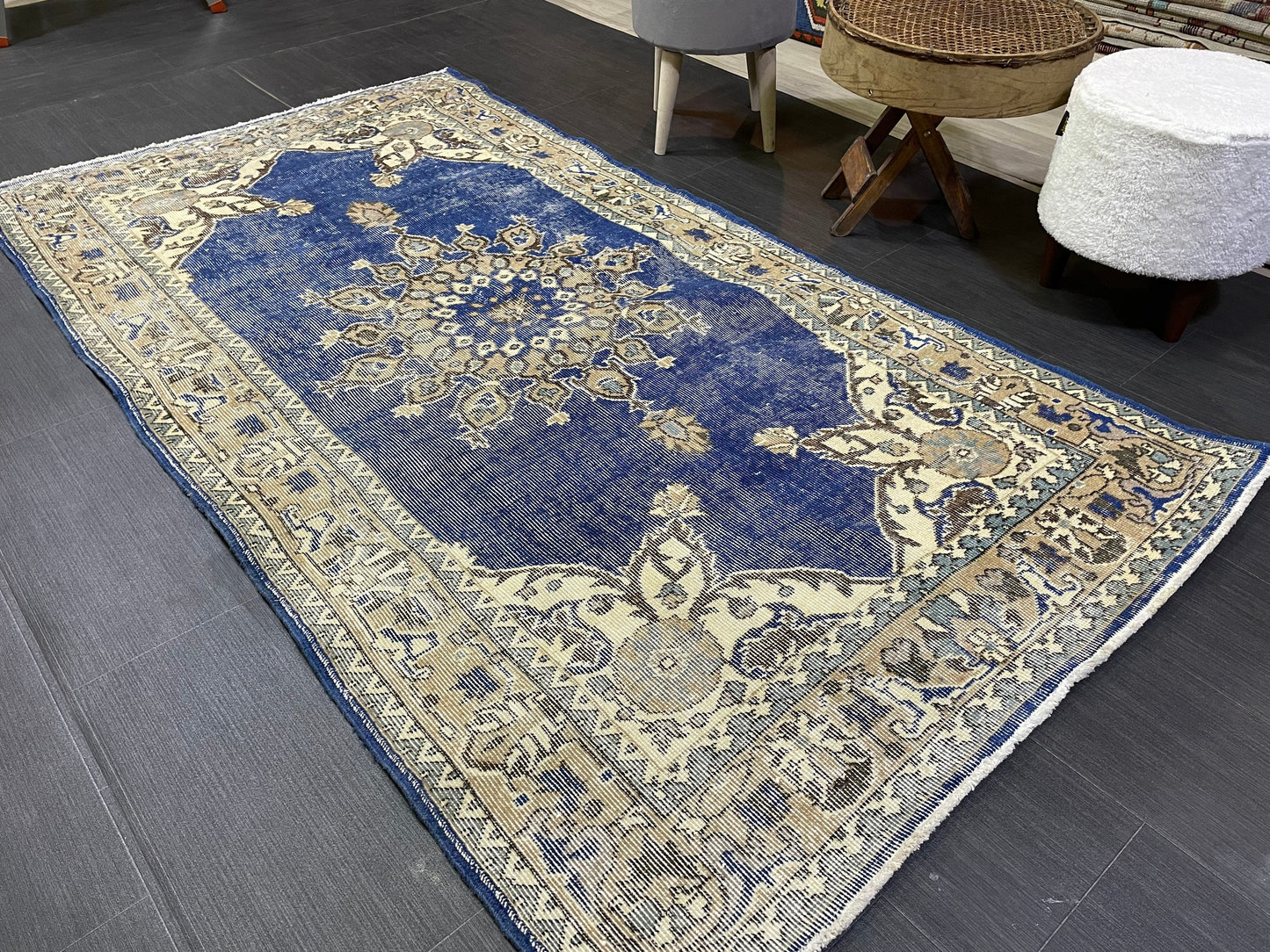 Turkish Rug, Blue Oushak Rug, Hand Knotted 5x7 Rug, Wool Distressed Rug, Persian Rugs, Antique Rug, Vintage Rug, Handmade Rug