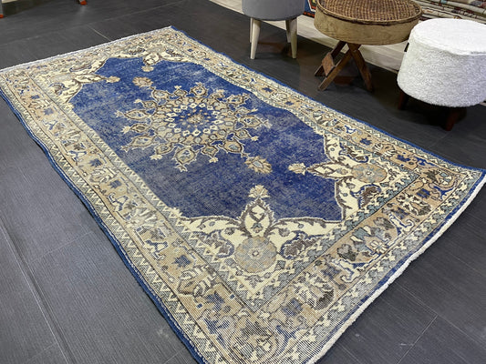 Turkish Rug, Blue Oushak Rug, Hand Knotted 5x7 Rug, Wool Distressed Rug, Persian Rugs, Antique Rug, Vintage Rug, Handmade Rug