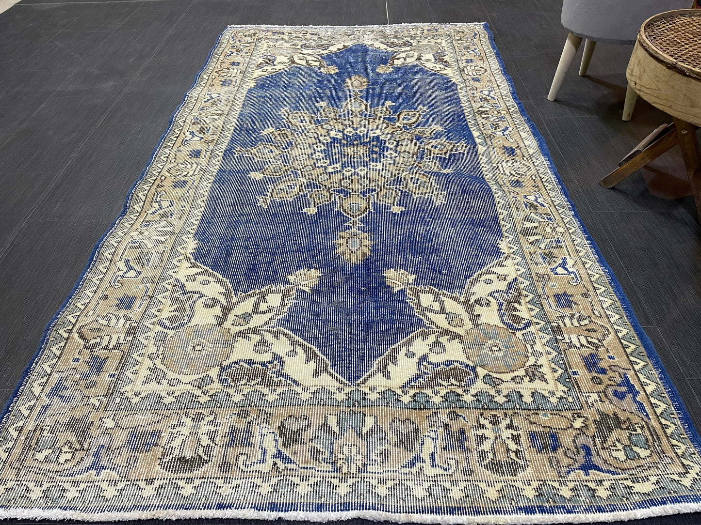 Turkish Rug, Blue Oushak Rug, Hand Knotted 5x7 Rug, Wool Distressed Rug, Persian Rugs, Antique Rug, Vintage Rug, Handmade Rug