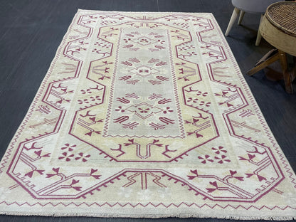 Vintage RUG, TURKISH Oushak Rug Hand Knotted 5x6 Rug, Oriental Rug, Vintage Persian Rug, Handmade Rug, Turkish Rug Antique Rug