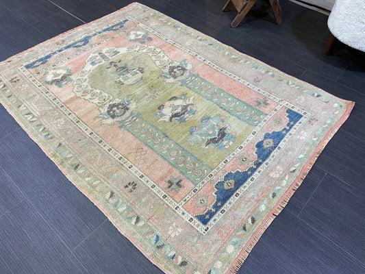 Vintage RUG, TURKISH Oushak Rug Hand Knotted 3 x 4.2 Rug, Oriental Rug, Vintage Persian Rug, Handmade Rug, Antique Rug, Woven Rug